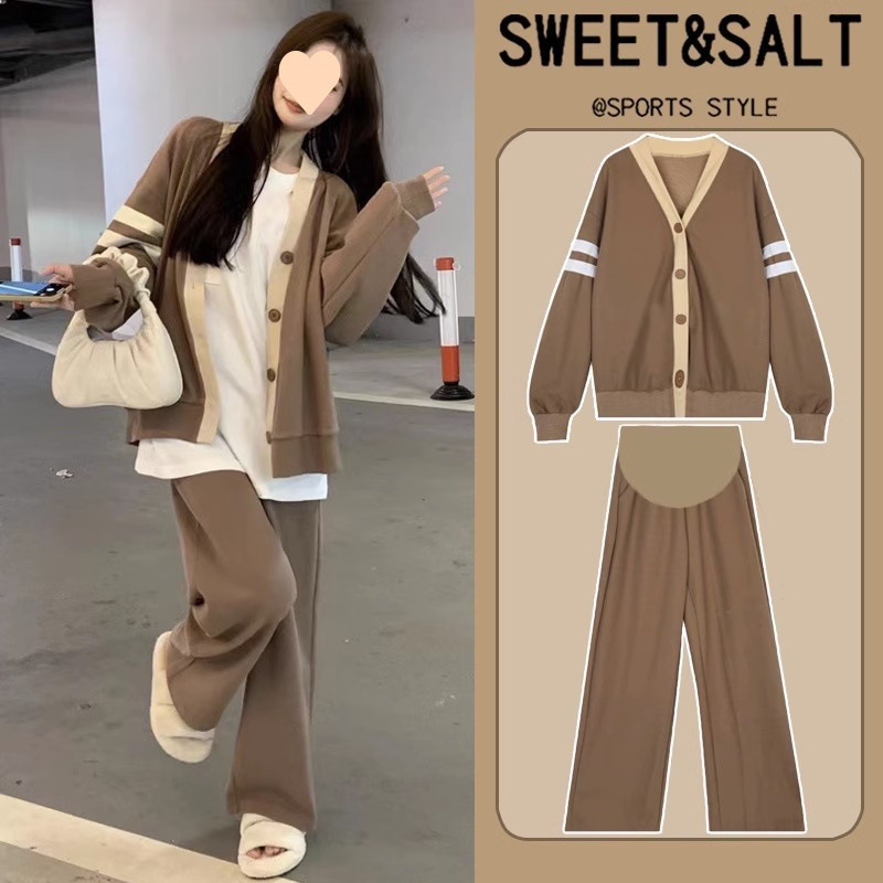 임산부 가을 정장 세련되고 스타일리시한 상의 봄과 가을 스타일 2024 새로운 아우터웨어 스웨트셔츠 대형 투피스 정장