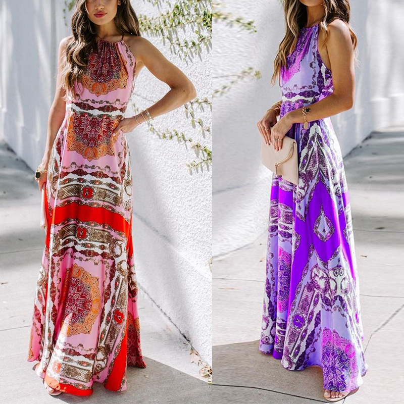 FD877 现货2025欧美夏季新款性感无袖中长挂脖波西米亚印花连衣裙