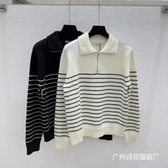 南油M家25早秋新款条纹翻领针织毛衣女半拉链套头百搭休闲长袖