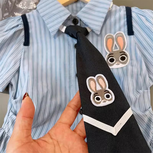 Striped College Style Dress for Girls 2024 Summer New Arrival Children's Baby Personality Cartoon Rabbit Embroidered Skirt