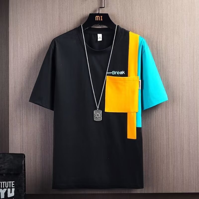 Camisa menos ropa costura de color de contraste camiseta de manga corta verano para hombres nueva tendencia de moda suelta chaqueta casual de manga de cinco puntos