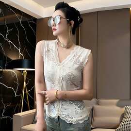 跨境2026夏季新款印花拼接蕾丝V领背心开衫女显瘦打底气质上衣女