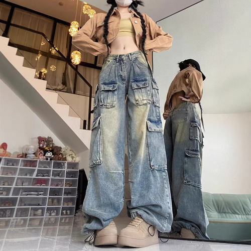 Fat MM large size women's retro denim jeans with multi-pocket design, unique style, American wide-leg loose work pants