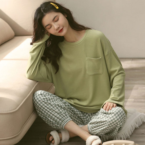 Simple and Casual Spring and Autumn Season Women's Han Style Solid Color Grid Control Long Sleeve Sleepwear Set Can Be Worn Outside Loose Home Wear Set