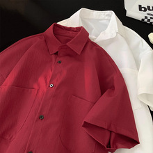酒红色冰丝衬衫男短袖感美式复古纯色七分袖衬衣夏季薄款外套