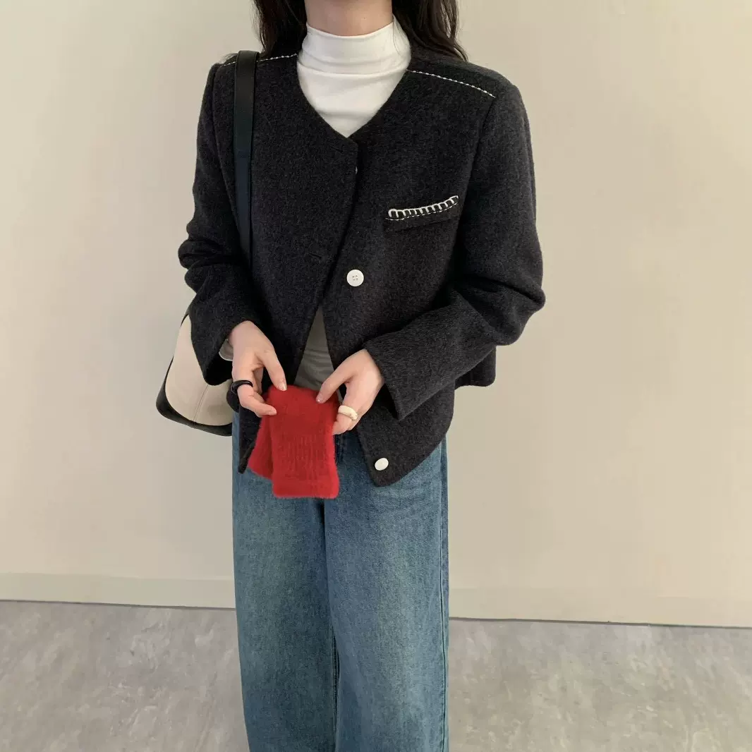 小香风纯色圆领长袖单排扣双面羊毛大衣毛呢外套女25秋冬双面呢