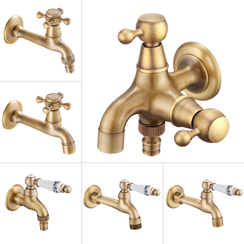 French antique brass 4 points washing machine faucet one in two out double use 6 points quick open mop pool single cold faucet