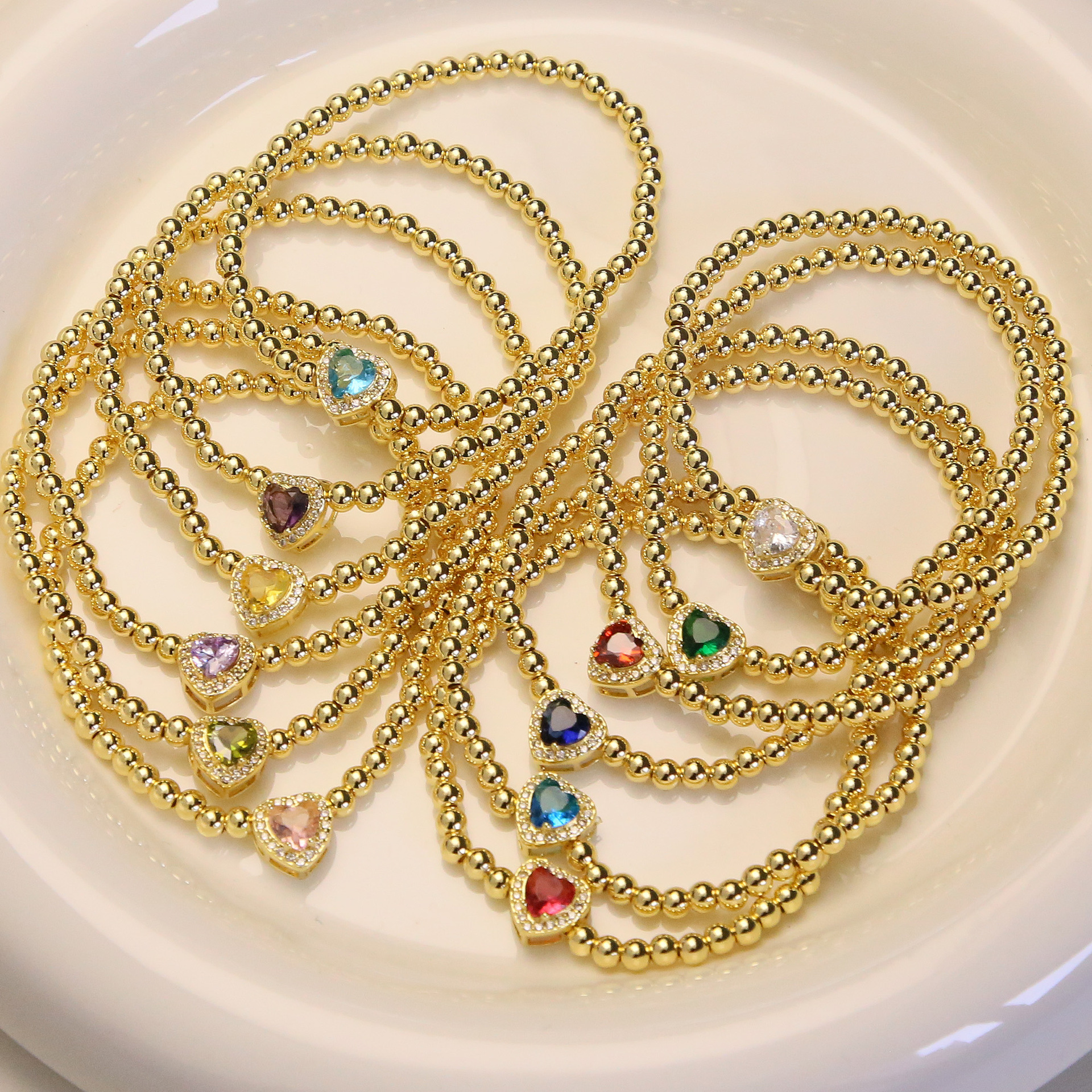 Copper Material Heart Shape Pattern All Seasons Season Wholesale Jewelry Sweet Classic Style Heart Shape Copper Plating Beaded Chain Bracelets