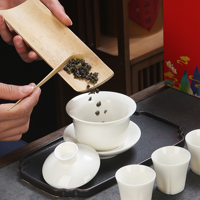 廠家直供羊脂玉白瓷套裝高端功夫蓋碗伴手禮旅行家用套裝支持logo