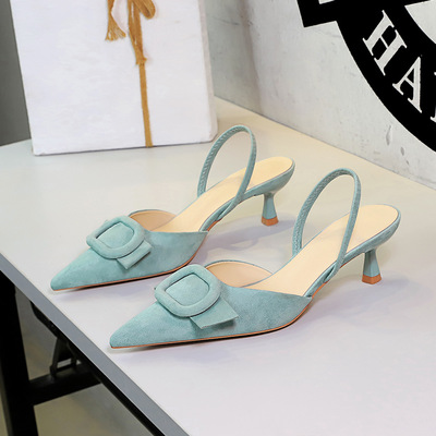 9627-AK222 European and American Fashion Rear Hollow Fine Heel Suede Pointed Temperament Belt Buckle Shallow Mouth Rear Tripping Strap Sandals for Women