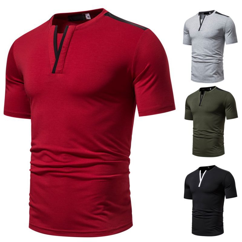Muscle slimming summer new casual fashion top patchwork collar letter Y design short sleeved T-shirt for men_voghion.com