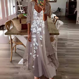 跨境2025新款欧美夏季女装印花度假吊带长裙印度风大摆裙两件套