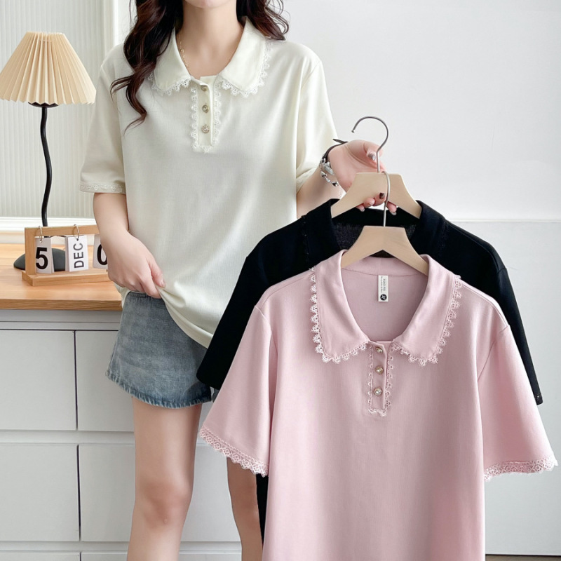 Plus Size Women's Summer New Sweet Lace Polo Collar Short-Sleeved Top Covering the Flesh and Slimming Look Pullover T-Shirt 872240 Plus Size Women's Summer New Sweet Lace Polo Collar Short-Sleeved Top Covering the Flesh and Slimming Look Pullover T-Shirt 872240