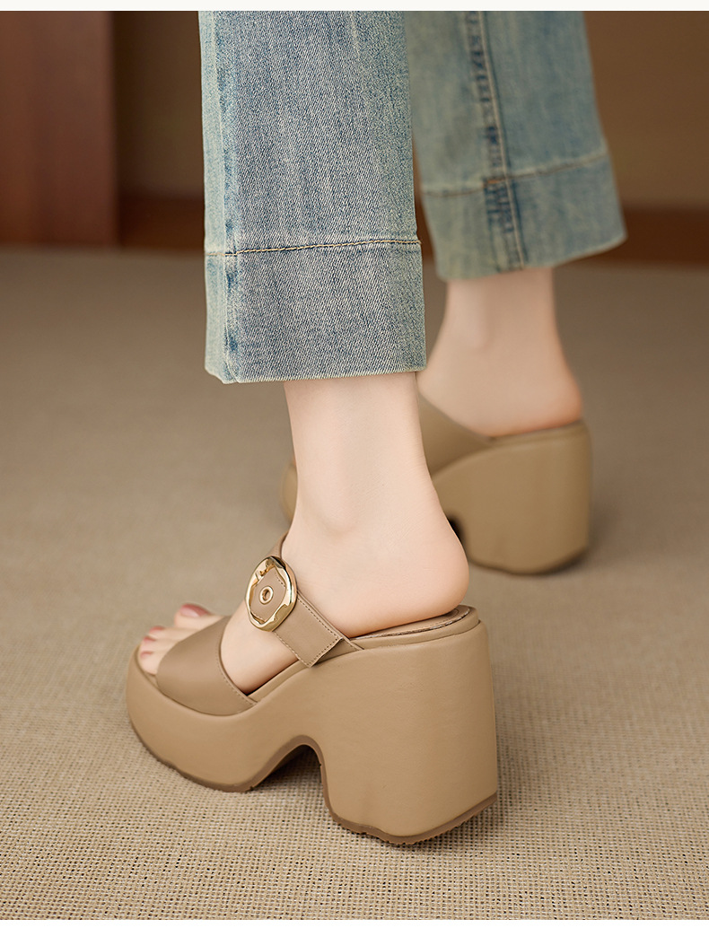 Dép sandal nữ đế xuồng cao 10cm da thật quai khóa mũi hở mùa hè — màu trắng ngà, màu mơ chi tiết 10