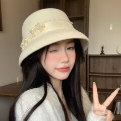 丝麻花朵渔夫帽子女秋冬澳洲羊毛毡帽真丝麻缎带水桶帽名媛盆帽潮