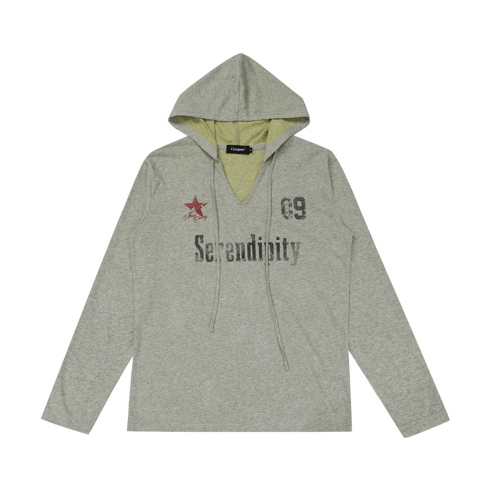 レタードオールドプリント長袖フード付きTシャツカバーアップレディース春秋カジュアルジャージアメリカンストリートトレンディトップ