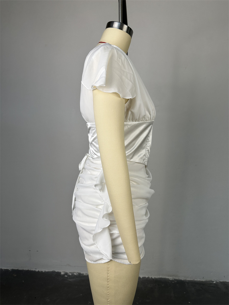 Women Clothing Summer Elegant V neck Short Sleeve Stitching Tight Waist Pleating Short Dress 6 Women Clothing Summer Elegant V neck Short Sleeve Stitching Tight Waist Pleating Short Dress