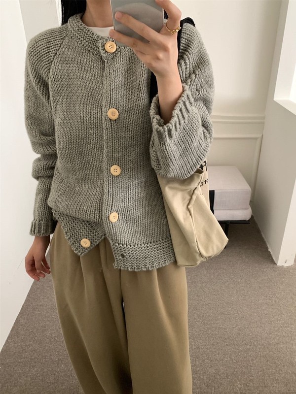 韩系粗针圆领软糯针织开衫女秋冬新款宽松慵懒高级感毛衣外套上衣|undefined