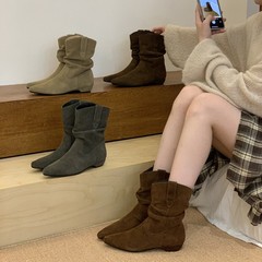 牛皮版！复古低跟尖头西部牛仔堆堆靴女秋冬新款马丁靴百搭瘦瘦靴
