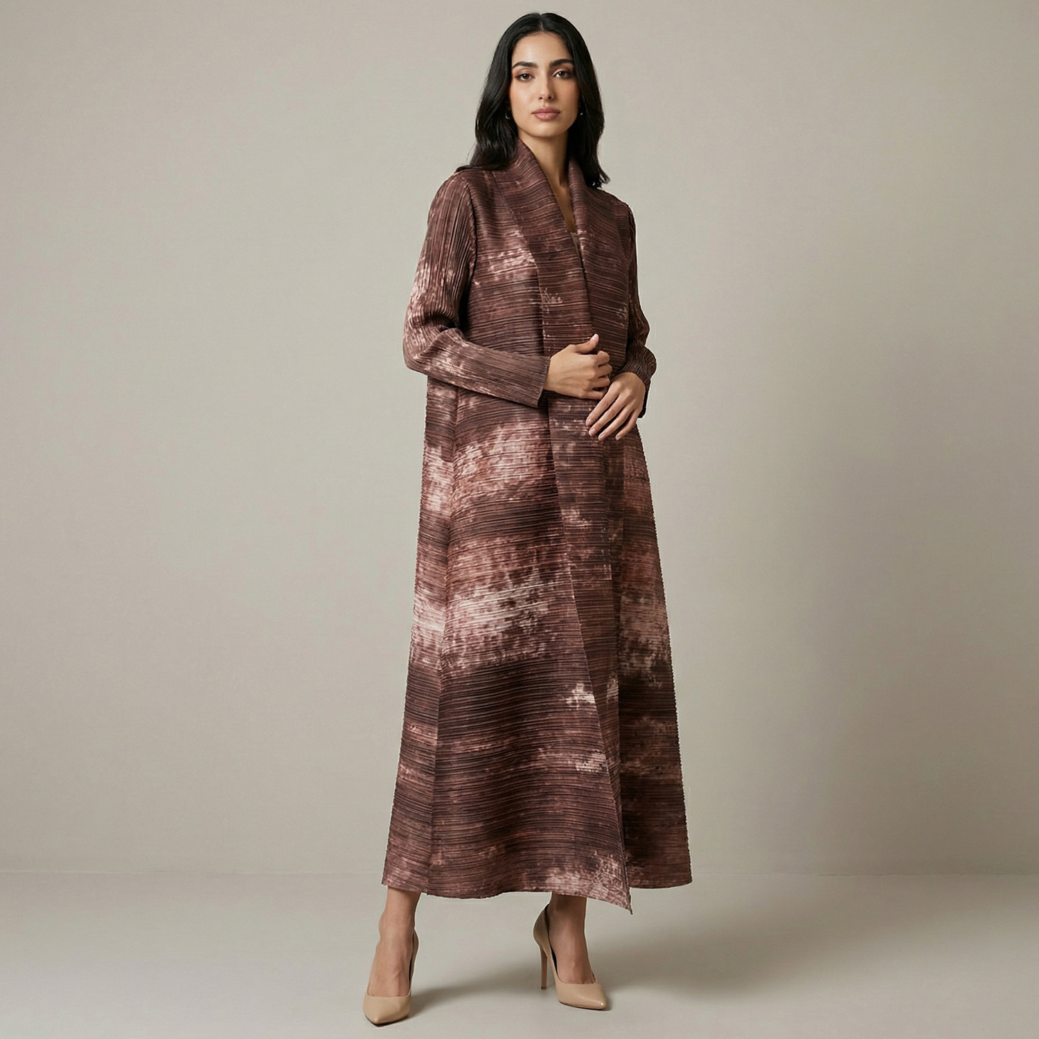 Miyake Cross-Border Foreign Trade Middle Eastern Best-Selling Autumn Muslim Robe Cape Printed Women's Arabic Tie-Waist_ecoleips.com