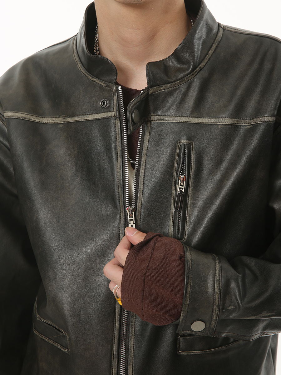 MTLCLOTHES Hombres| 2023 otoño vintage locomotora chaqueta de cuero negro abrigo corto suelto pu piel de moda