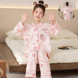 2025新款170克仿棉儿童睡衣长袖开衫女中大童家居服套装跨境批发