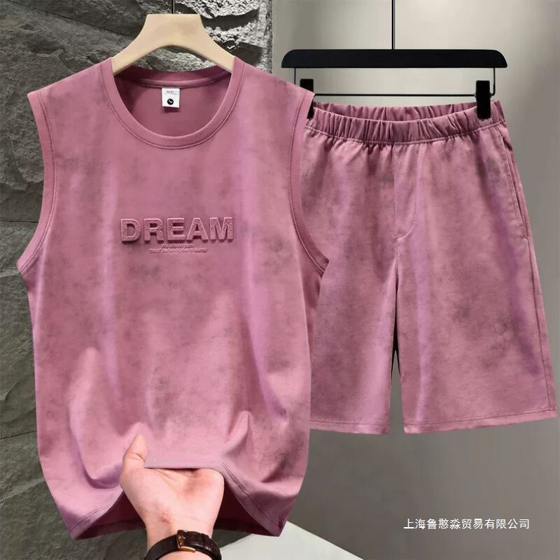 Tie-Dye Men's Short-Sleeve and Shorts Set 2025 New Summer Embossed Sports T-Shirt Sleeveless T-Shirt Men's Clothing