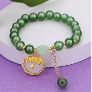 S079-Pulsera de cuentas de jade Donglin con candado Ping An blanco#talla 349