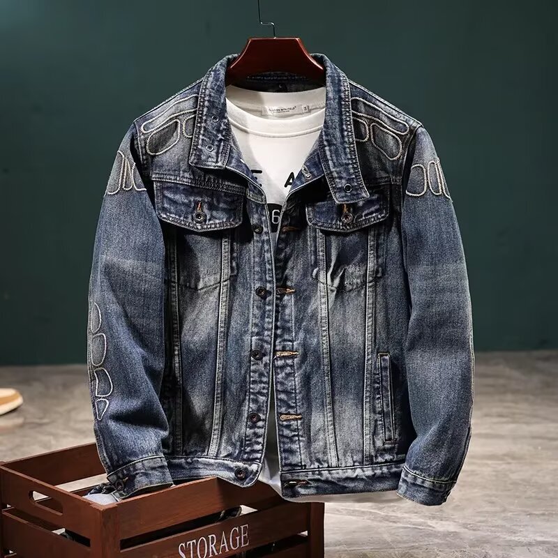 High-End Retro Embroidered Denim Jacket for Men, Trendy Brand, Loose Casual Versatile Biker Jacket, Men's Autumn and Winter Top