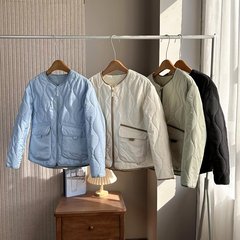 Autumn/Winter New Air Lightweight Warm Quilted Down Coat Waterproof Retro Crew Neck Short Cotton Jacket Top for Women