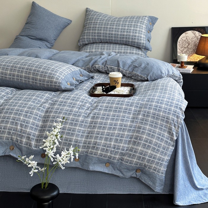 2025 otoño y invierno engrosar el conjunto de cuatro piezas de lino original GaoGam retro doble hilo impreso botón dormitorio conjunto de tres piezas