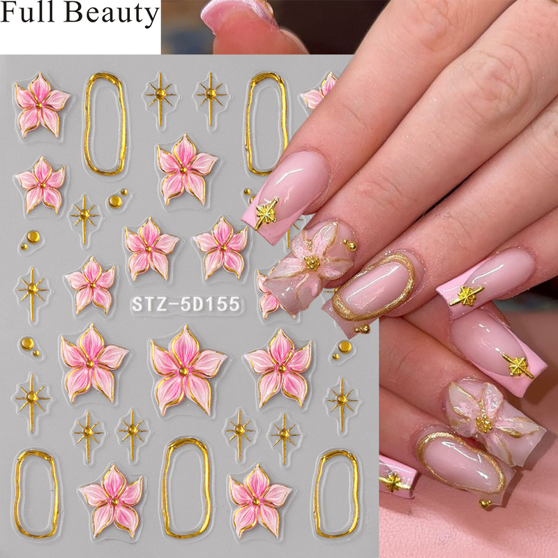 Full Beauty Cross-Border New Nail Art Stickers Embossed Pink Ice Transparent Small Flower Hot Stamping Flower Nail Stickers Full Beauty Cross-Border New Nail Art Stickers Embossed Pink Ice Transparent Small Flower Hot Stamping Flower Nail Stickers