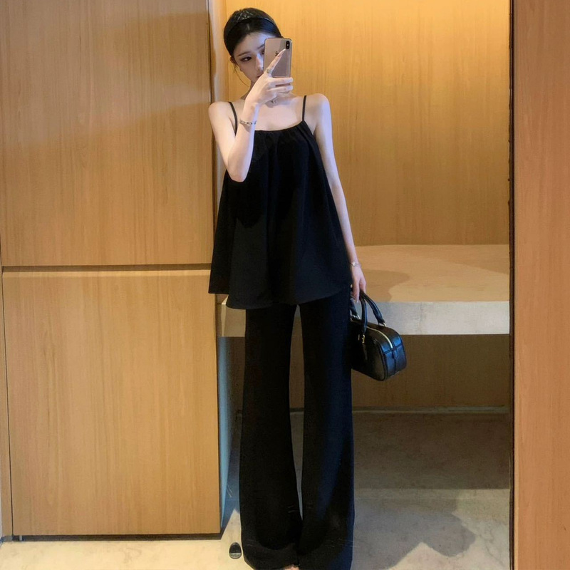 Korean Fashion Black Pure Desire Camisole Top Women's Clothing 2026 Summer New Style Drapey Flared Long Pants Set Korean Fashion Black Pure Desire Camisole Top Women's Clothing 2026 Summer New Style Drapey Flared Long Pants Set