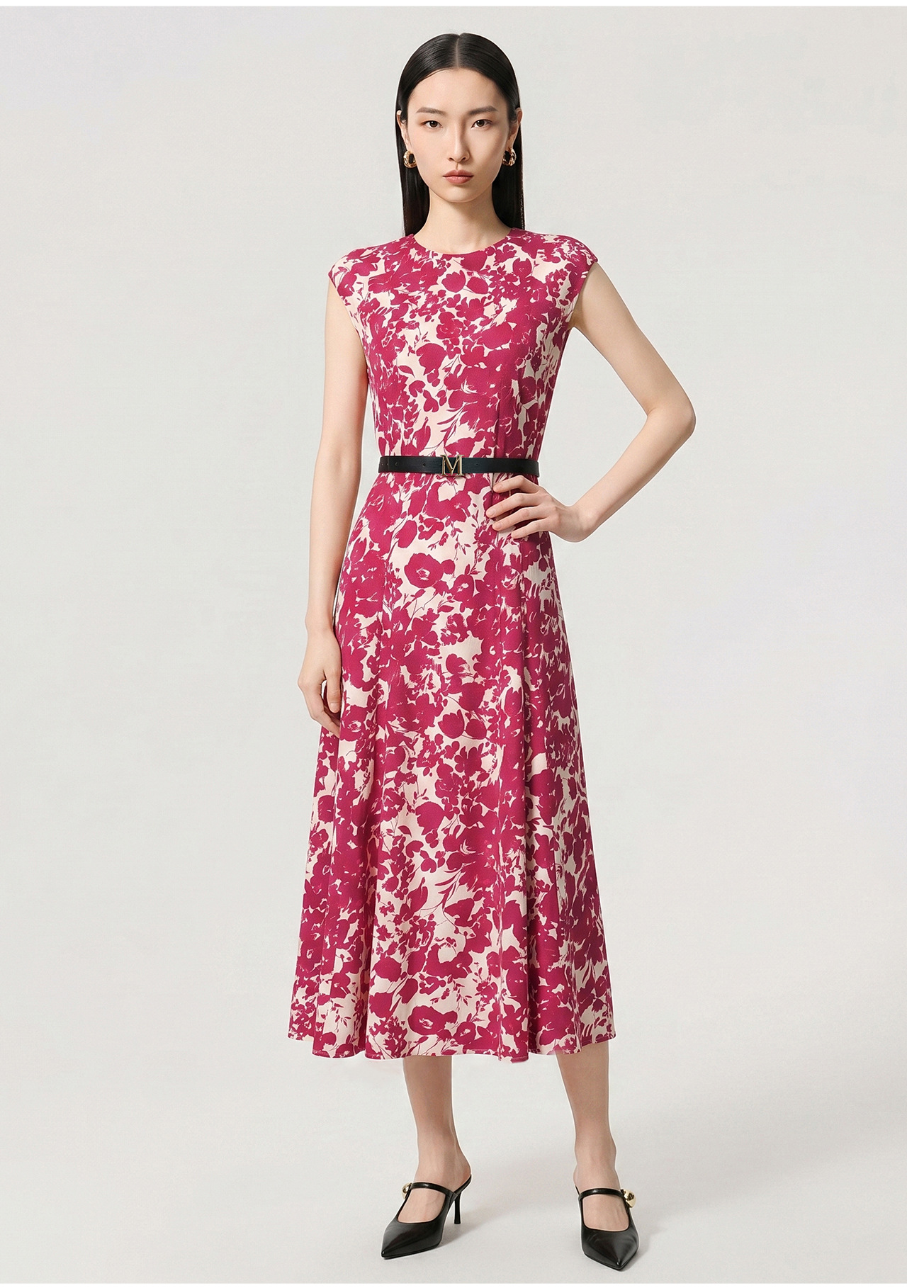 Đầm maxi nữ thắt eo in họa tiết kỳ nghỉ, chất cotton cao cấp không tay — màu hồng đậm chi tiết 4