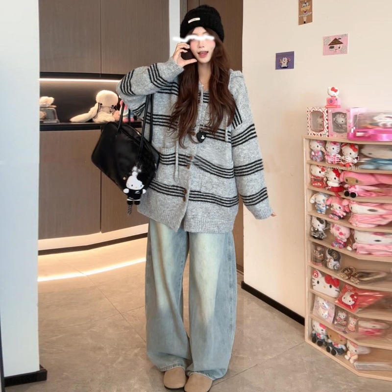 秋冬宽松休闲条纹连帽毛衣外套女中长款慵懒风松弛感针织开衫韩系|undefined