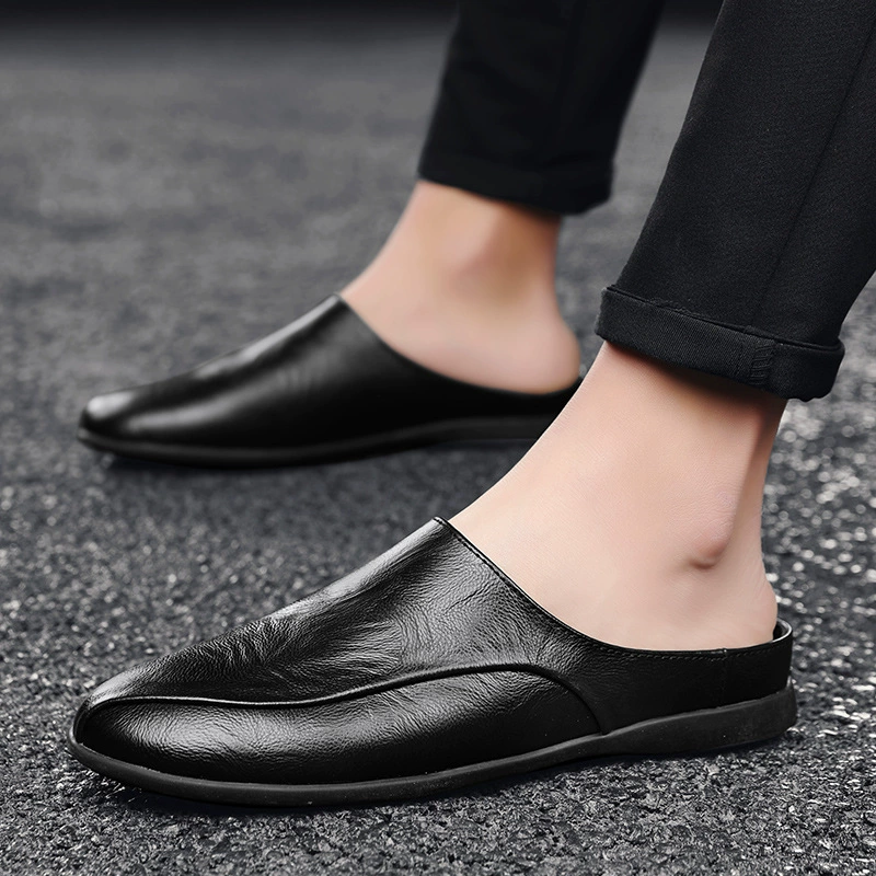 Кожаные туфли с половиной верха, летние туфли-бини 2025 года для молодых мужчин, повседневные черные кожаные туфли для мужчин, кожаные туфли в корейском стиле для вождения, модные туфли для ленивых