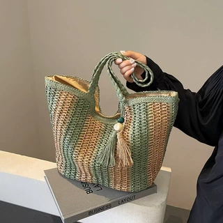定制机织草编包手工编织包单肩海边度假沙滩包大容量托特包女