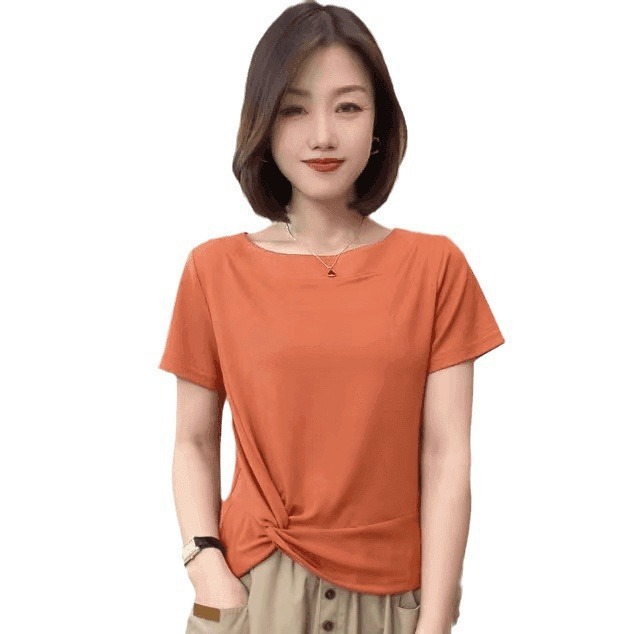 2025 夏の女性のトップス半袖プリーツ無地ラウンドネック多用途ファッション女性の年齢を減らす多用途 Tシャツ女性のトレンド|undefined