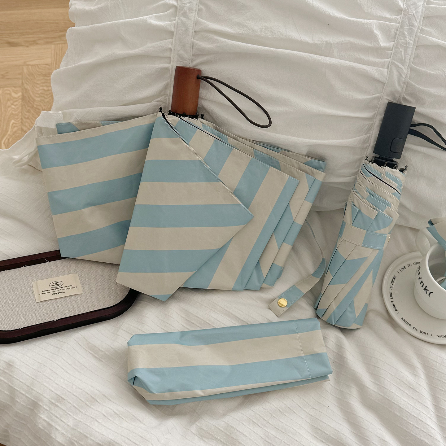 Korean-Style Striped And UV Protection Automatic Folding For Couples, Thickened Top Quality Black-Coated Reinforced Sun Umbrella_voghion.com
