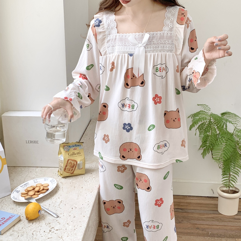 Estilo coreano japonés dulce ins primavera y otoño pijamas de las mujeres algodón manga larga traje más tamaño 240kg portátil homewear