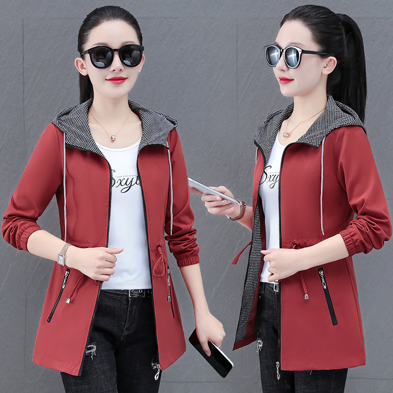 Mid-Length Plaid Contrasting Color Splicing Hooded Windbreaker Jacket for Women Spring & Fall Large Size Loose Middle-Aged Mother's Jacket