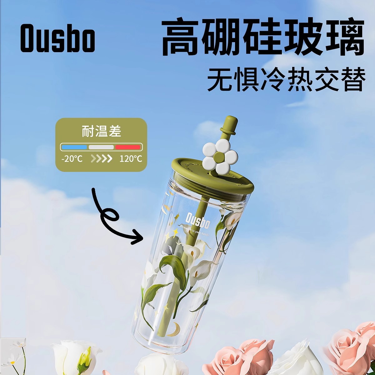 Официальная стеклянная кружка Ousbo для женщин, устойчивая к высоким температурам, большая емкость, офисная кружка, кружка с трубочкой, ко Дню женщин