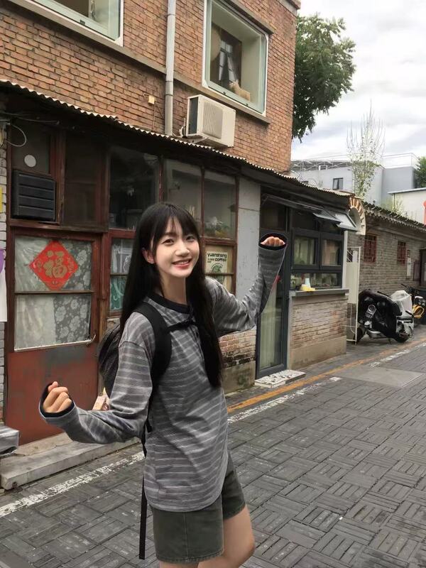 美式复古灰色条纹亨利领长袖t恤女早秋季穿搭宽松慵懒松弛感上衣|undefined