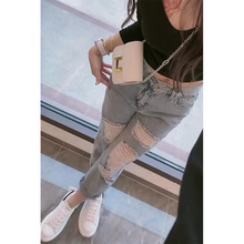 网红破洞牛仔裤女夏季2025新款宽松高腰显瘦直筒乞丐小个子九分裤