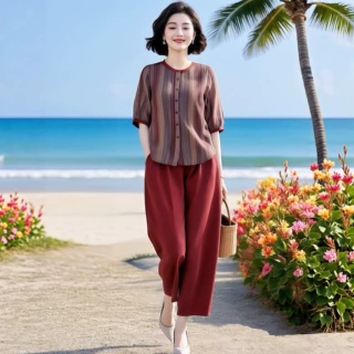 女装原创品牌高级感条纹印花上衣短袖好看休闲九分裤套装