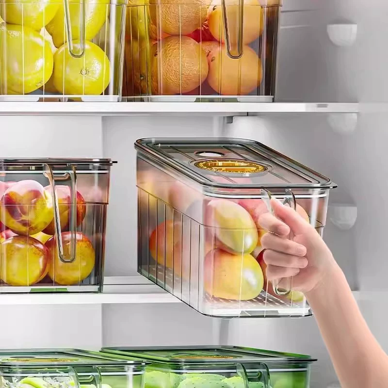 Refrigerator fresh storage box, food‑grade kitchen organizer with handle, drying‑rack options
