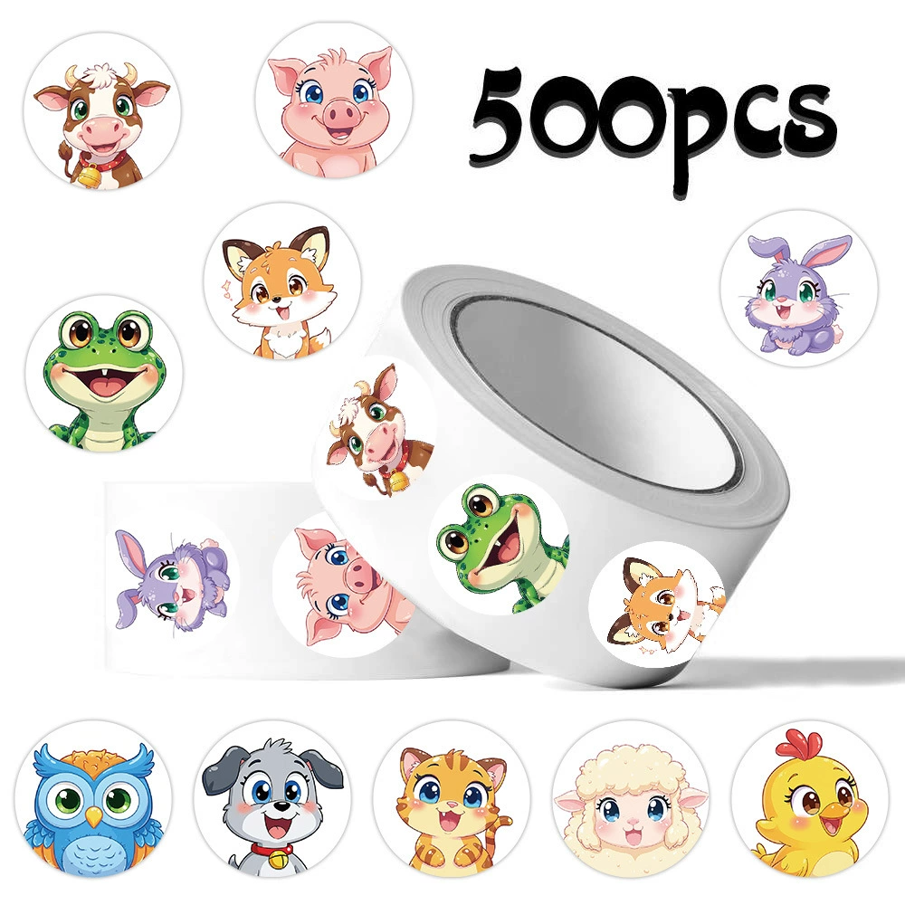 Рулонные наклейки 500 мультяшных милых животных, детские наклейки с наградами, материал для рукоделия, уплотнительные наклейки, пленочная лента