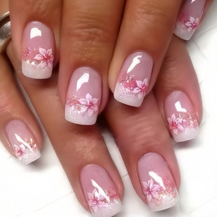 歐美方形法式假指甲爆閃玫瑰粉爆閃花瓣美甲甜美ins風穿戴甲nails