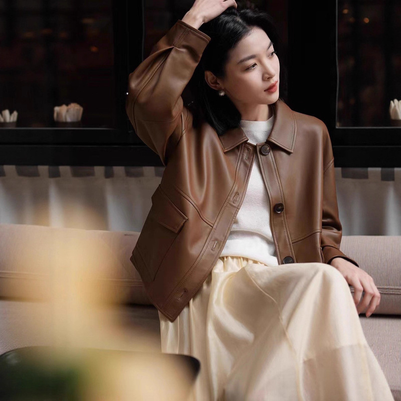 New Spring and Autumn Genuine Leather Sheepskin Leather Jacket for Women, Casual Small Lapel Loose Short Coat Jacket New Spring and Autumn Genuine Leather Sheepskin Leather Jacket for Women, Casual Small Lapel Loose Short Coat Jacket