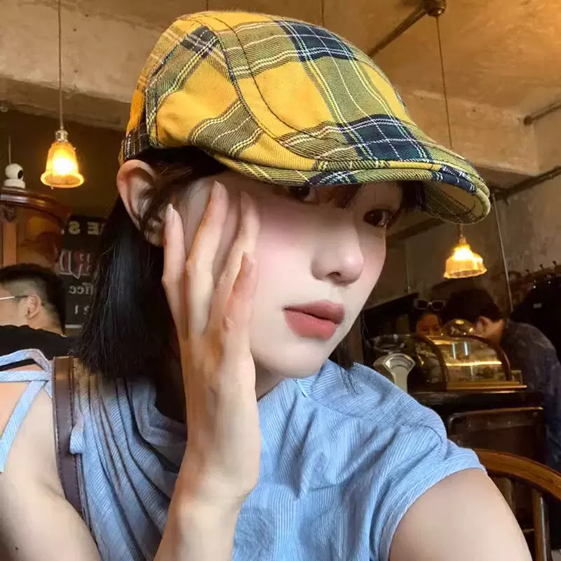 多巴胺复古格纹前进帽女春夏帽子网红ins反戴贝雷帽显脸小鸭嘴帽